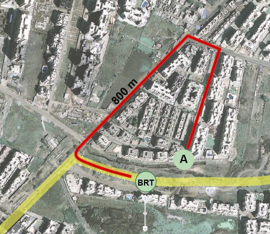 Measuring Pedestrian accessibility in Pimple Saudagar Actual distance between location A and BRT stop: 125 M Walking distance between location B and BRT stop: 800M PCMC understand this context and is