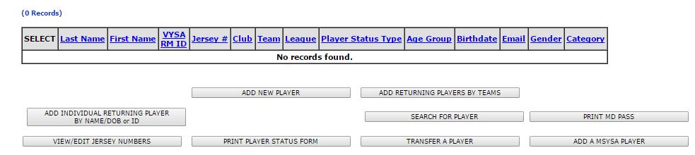Figure 9 If you add returning players by teams, you will see the following form.