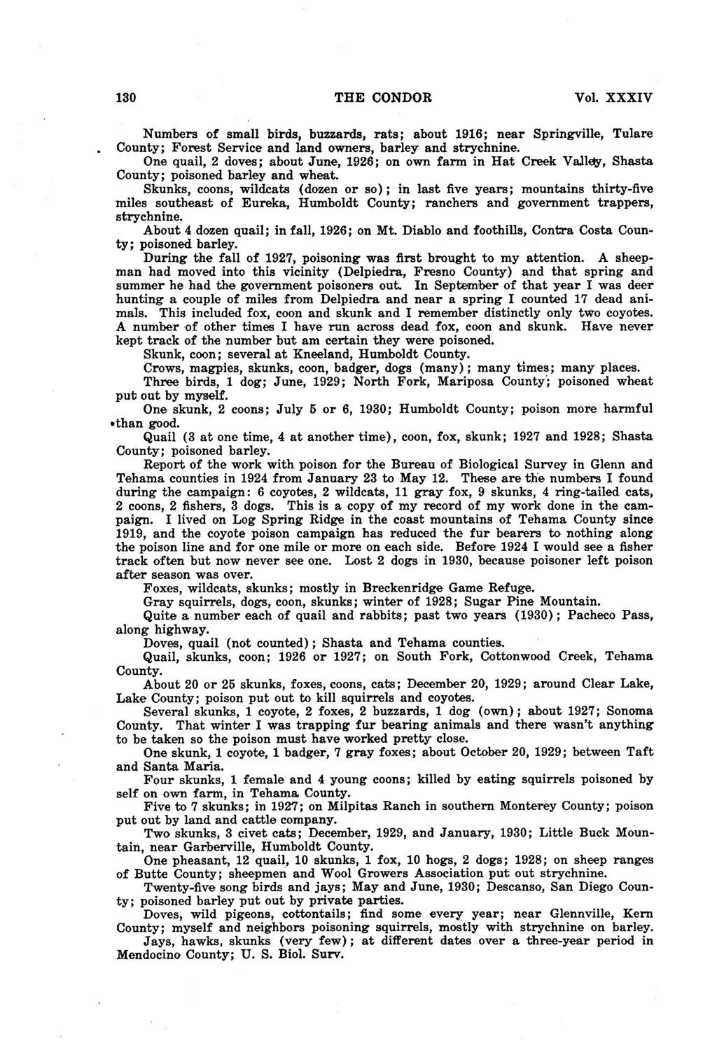 130 THE CONDOR Vol. XXXIV Numbers of small birds, buzzards, rats; about 1916; near Springville, Tulare County; Forest Service and land owners, barley and strychnine.