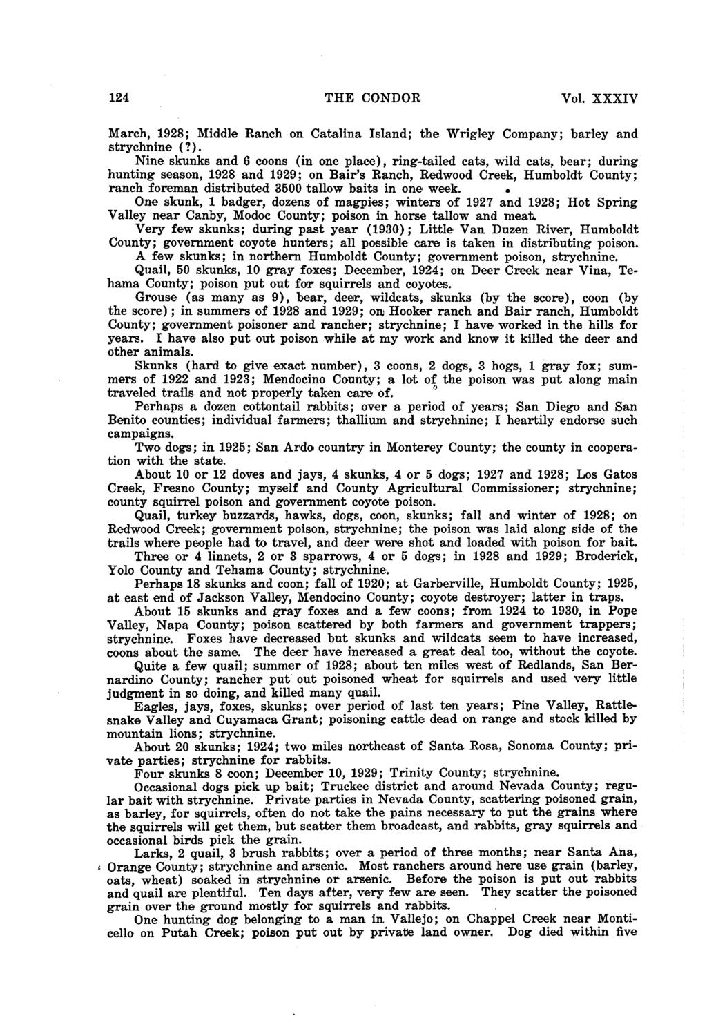 124 THE CONDOR Vol. XXXIV March, 1928; Middle Ranch on Catalina Island; the Wrigley Company; barley and strychnine (?).