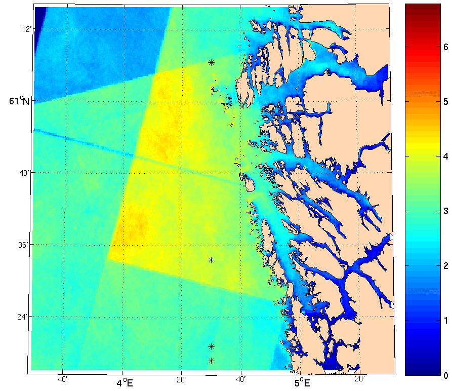 i) ii) iii) iv) v) Fig. 4: i) Mean wind speed from a total of 49 ERS SAR scenes at the Norwegian west coast and ii) the number of scenes used (between 19 and 40 over the area).