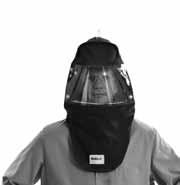 4. With air still flowing, put on GR Series respirator hood, inserting chin first. 5. Position headband or hard hat for a comfortable fit. See instructions on page 0 for proper sizing. 6.