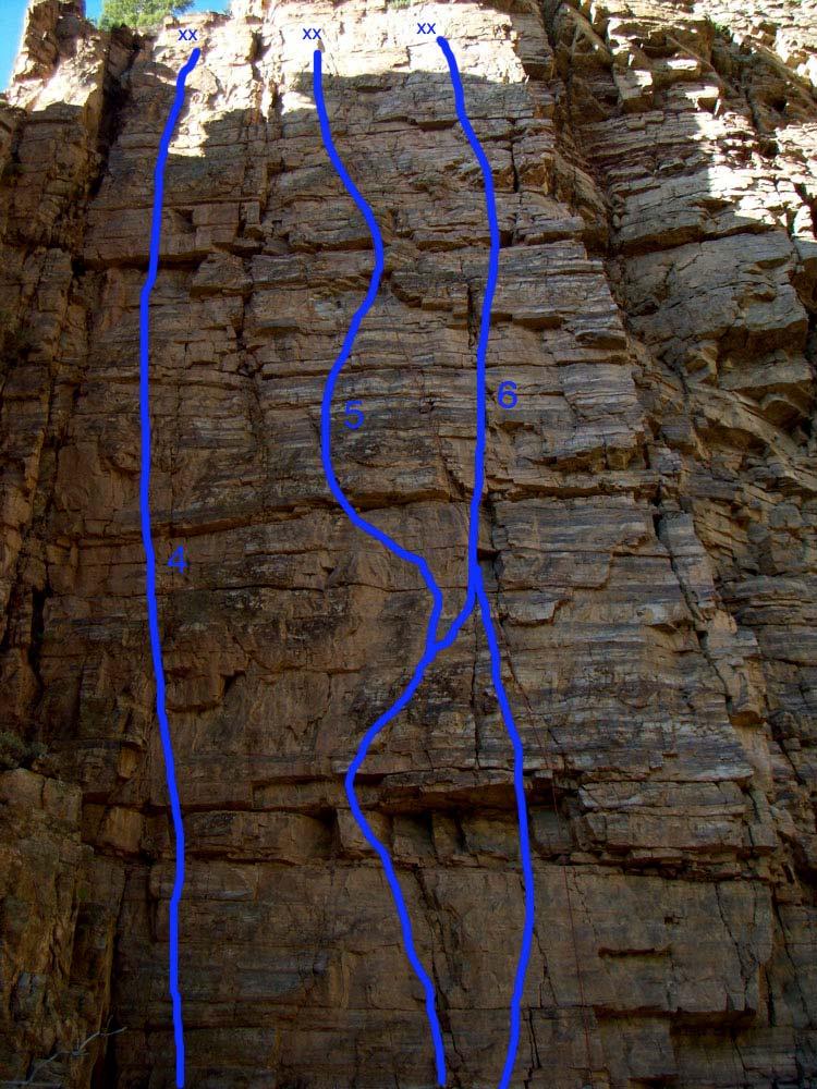 bolts and horizontal seams for protection. This climb weaves back and forth, like a drunken lizard," challenging your route-finding skills to ascend this at its easiest grade.