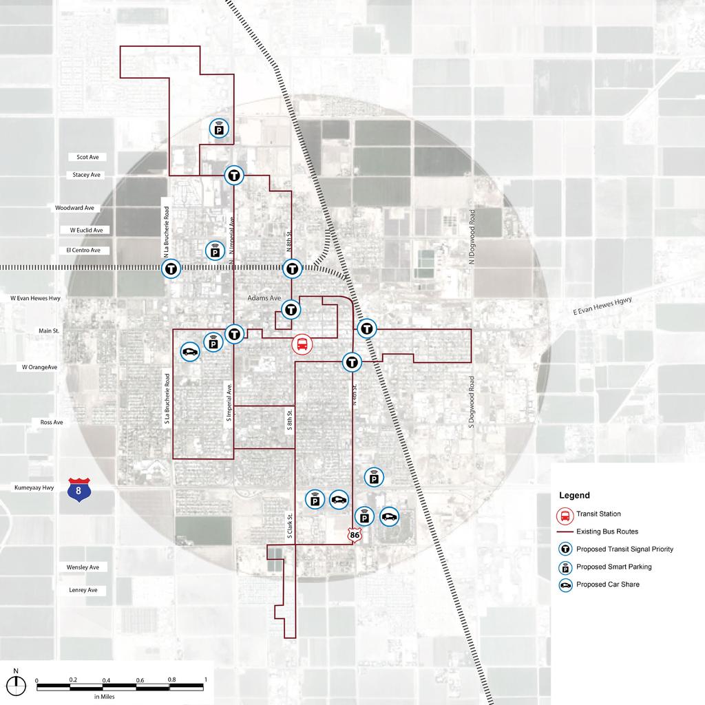 The El Centro drive shed comprises a major portion of the El Centro downtown area, which is well served by bus routes.
