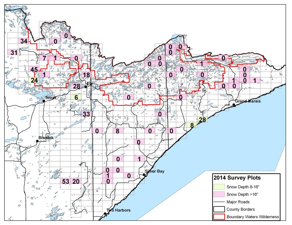 2014 Survey In 2014 a total of 52 moose survey plots were flown during 7-18 January and 350 deer were observed. Forty percent of survey plots were occupied by 1 or more deer.