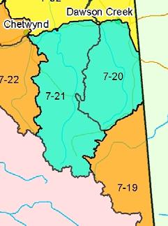 3.2 Subzone B Summary Subzone B Tumbler Ridge and Area (Teal) 7-2, 7-21 This subzone is south of Dawson Creek and roughly centred on the Tumbler Ridge area.