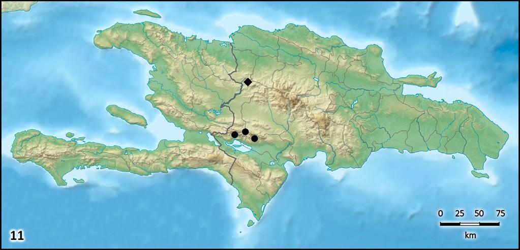 Teruel & Santos: Two New Tityus from Hispaniola 15 Figure 10: Map of Hispaniola, showing geographical distribution of all local extant members of the "crassimanus" speciesgroup: Tityus haetianus sp.