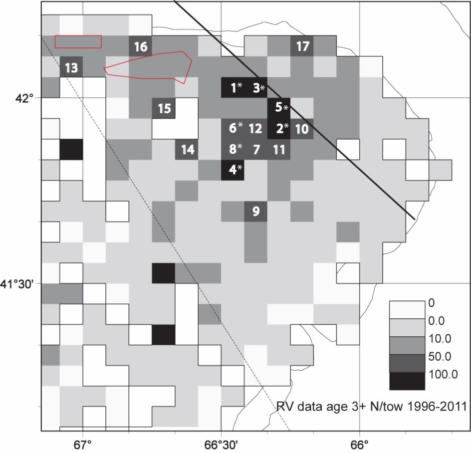 Figure 2. Scenario 2 - Distribution of aggregated age 3+ cod from RV data for the period of 1996 to 2011.