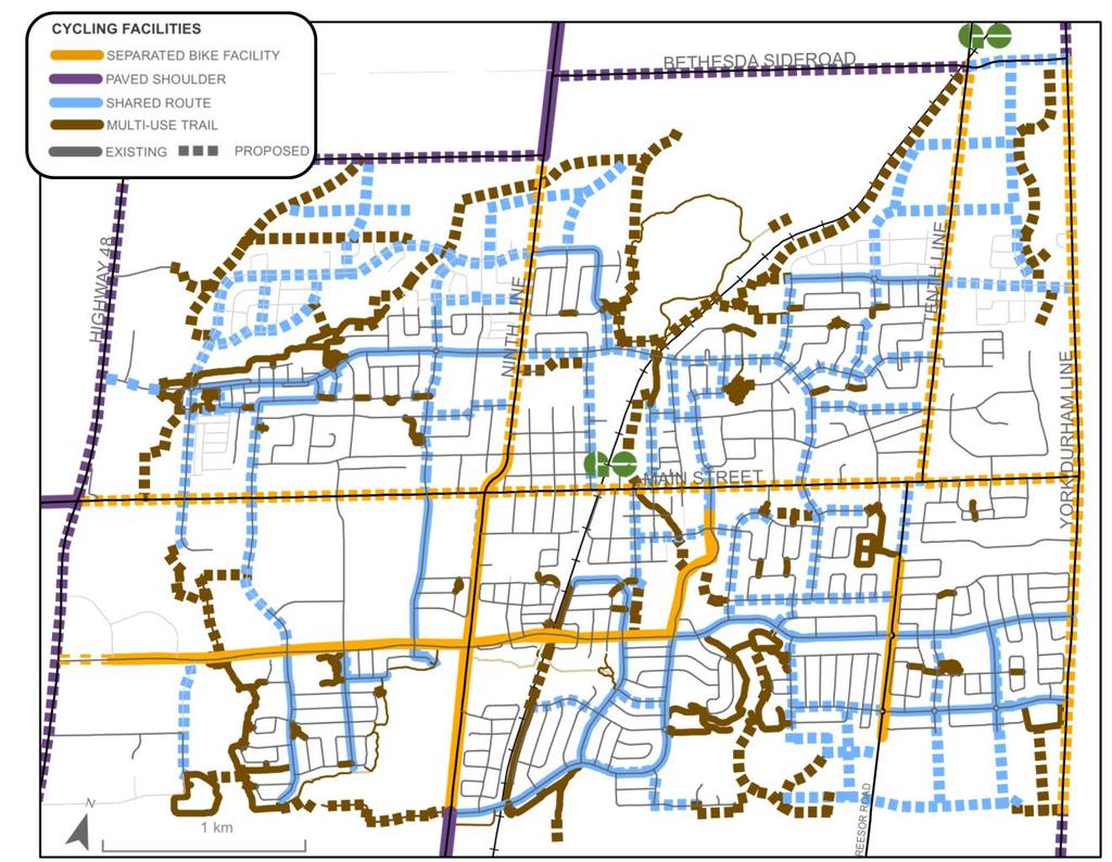 6.3.1.4 STOUFFVILLE BICYCLE NETWORK The proposed cycling network for Stouffville builds mainly on the Stouffville Trails and Parks Master Plan (STPMP) and is illustrated in Exhibit 6-4.