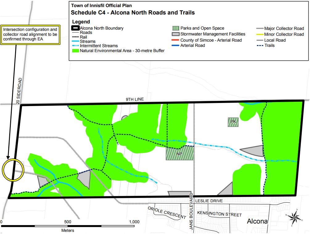 collector roads. The road network will be supported by a trail system that takes advantage of the natural environmental feature to connect to the rest of Alcona.