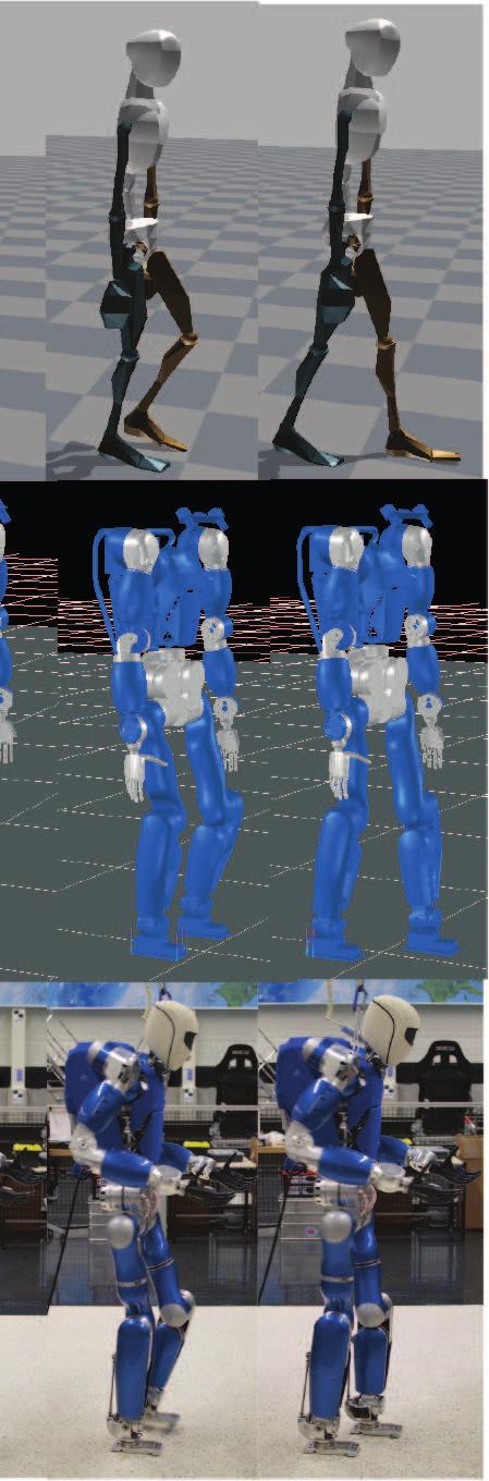 Snapshots of the simulation results: (a) recorded human walking motion; (b) TORO robot imitates the human walking with larger step length (around 35cm) in simulation; (c) TORO robot imitates the