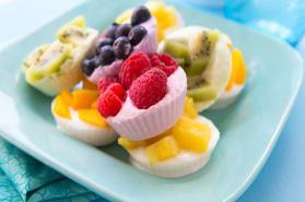 Fruity Frozen Yogurt Snacks Ingredients: 1 containers of Greek yogurt, any flavor: strawberry, coconut, lemon, lime, blueberry 3 tablespoons fresh fruit: raspberries, mangos, pineapple, kiwi,