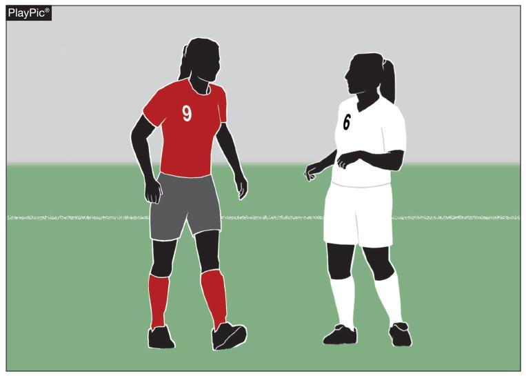 dark colored jersey (clear contrast to white) and dark socks; Player B is a part