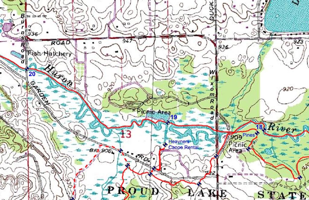 CPT Canoe trek 1st day, Pines Lower Campsite to Burns Road (Canoe Livery Start Edition, Canoe Map #3) If you have any problems or need assistance you can turn into the channel and it will take you