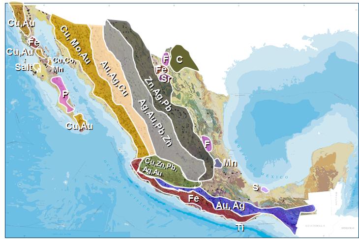 Geological Potential The Mexican territory shows well defined metallogenetic belts of Cu, Au; Cu, Mo, Au; Au, Ag, Cu; Ag, Au, Pb, Zn; Zn, Ag, Pb; F, Sr; C; Fe, Ti; Cu, Zn, Pb, Ag, Au; Fe; Au, Ag.