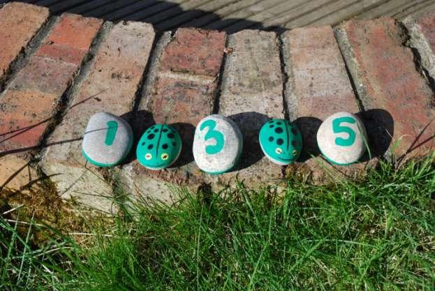 Paint up some pebbles using a non washable paint or even permanent markers-. Number the frogs underneath 1,2,3,4,5.