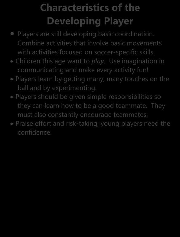 Stage 2 Coaching Guidelines Characteristics of the Developing Player Players are still developing basic coordination.