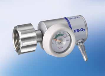 Oxygen pressure regulator without flowmeter: with a nominal flow of 150 l/min, a short fitting and a DIN outlet coupling, this oxygen pressure regulator is, among other things, used to supply