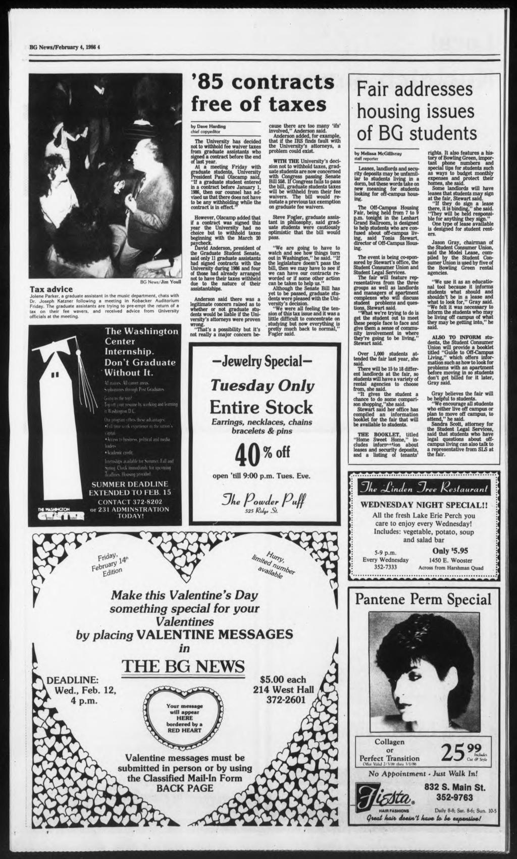 BG News/February 4,1986 4 BG News/Jm Youll Tax advce Jolene Parker, a graduate assstant n the musc department, chats wth Dr. Joseph Katzner followng a meetng n Kobacker Audtorum Frday.