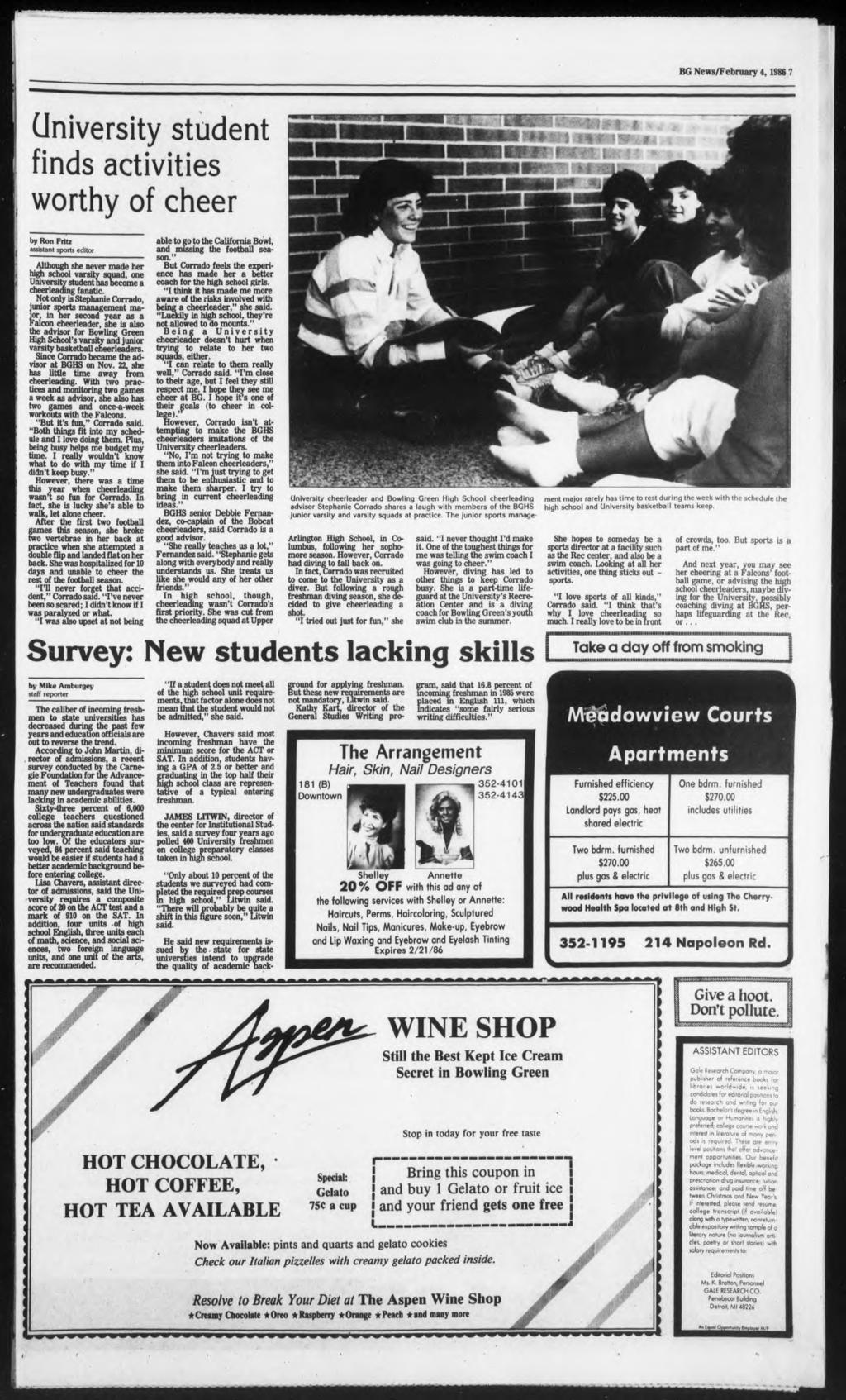 BG News/February 4, 1986 7 Unversty student fnds actvtes worthy of cheer by Ron Frt assstant sports edtor Although she never made her hgh school varsty squad, one Unversty student has become a