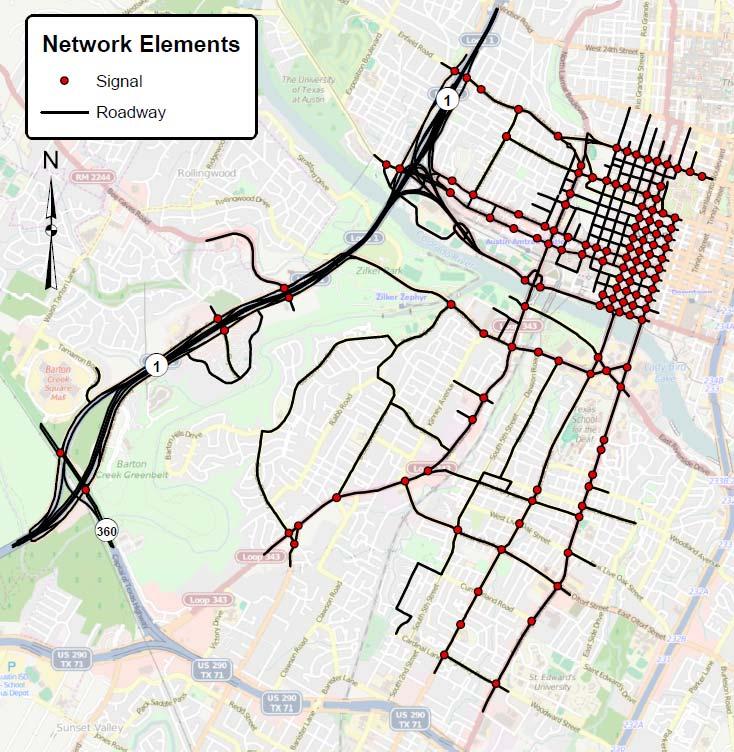 Figure 2. Layout and Extent of DTA Model Five DTA models were developed to simulate a No Build scenario and four build scenario models representing variations of the express lane plan.