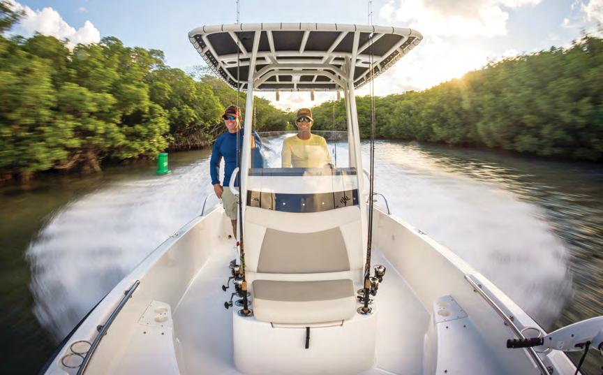 For fishing, an available reversible pilot seat with livewell, raw-water washdown and stainless-steel rod holders deliver