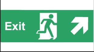 Escape route signs (meaning and use of graphical symbol with directional arrow) Sign Meaning as viewed from in front of the sign Examples of locations Progress down to the right On wall or suspended