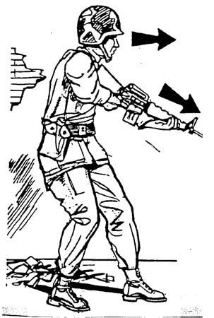 C3, FM 3-22.9 Figure 7-35. Weapon held at the low ready. b. Aiming Techniques. Four aiming techniques are used during SRC.