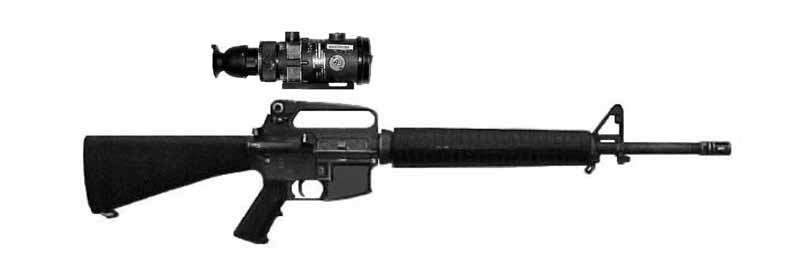 The AN/PVS-4 is mounted to the carrying handle on the M16A2-series weapons.