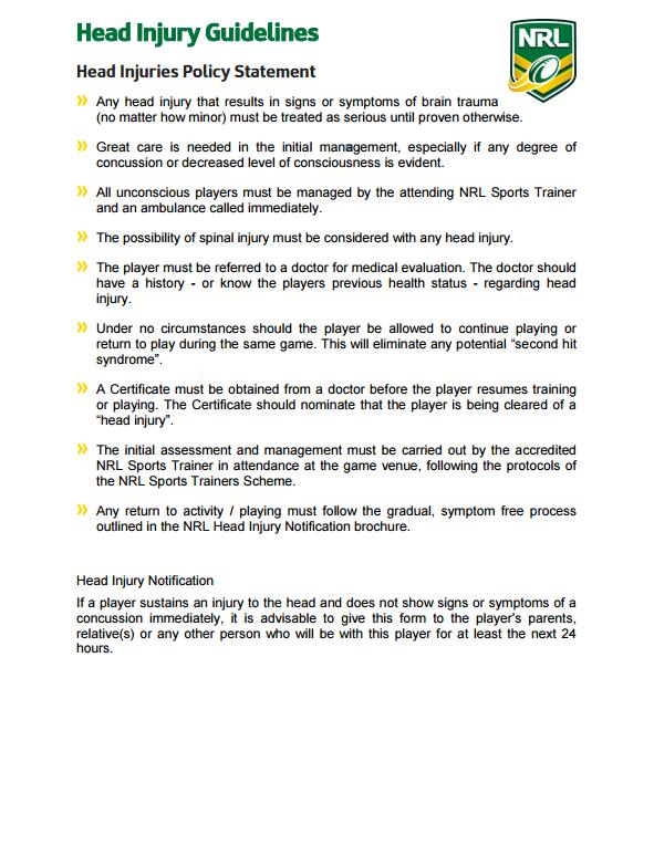 APPENDIX A NRL HEAD INJURY GUIDELINES Newcastle Rugby League Full NRL policy document can be viewed and downloaded