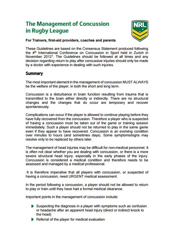 APPENDIX B NRL MANAGEMENT OF CONCUSSION IN RUGBY LEAGUE, PAGE 1/7 Full NRL policy document can be viewed and downloaded from the