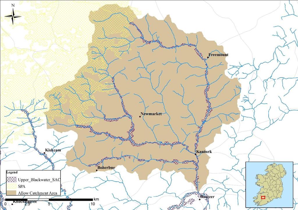 Site Description Figure 1 River Allow catchment area targeted by the DuhallowLIFE Project (LIFE09 NAT/IE/000220 Blackwater SAMOK) River Allow Catchment The River Allow catchment is 310km 2 (Figure 1).