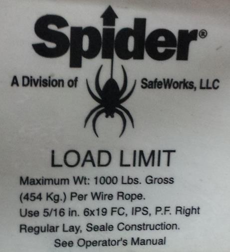Specifications Model: ST-17 Air Spider Gross Load Capacity: 1000 lbs. Max SWL 800 lbs. Weight: 190 lbs.