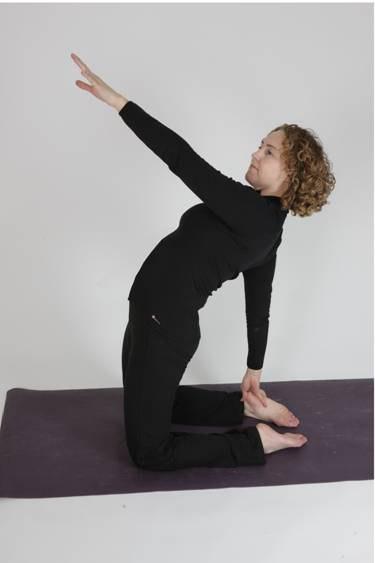 When instructed slowly lift your hips, curl under your toes and place your right hand to your right heel.