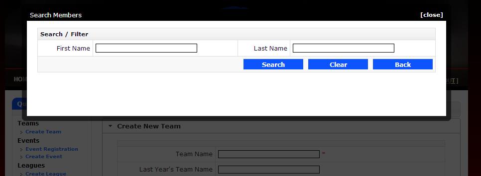 Figure 10 - Select Team Contact A pop-up window will appear where you can search for the Team Contact by selecting their First and Last Name.