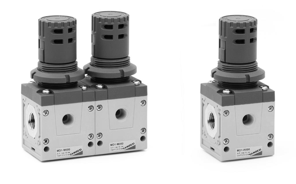 > Series MD regulators Series MD pressure regulators New Ports with interchangeable cartridges: threaded (1/8, 1/4, /8) or integrated with super-rapid fitting for tube with Ø 6, 8 and 10 mm Versions:
