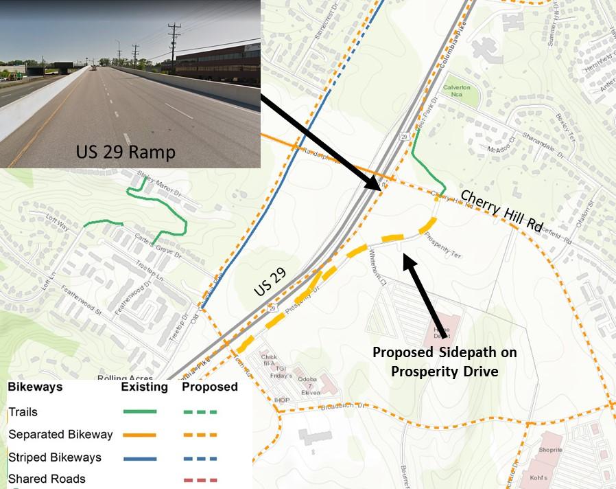 Issue 16: Bikeway Recommendation on US 29 Ramp and Prosperity Drive The Bicycle Master Plan recommends a sidepath on the east side of the US 29 northbound ramp to Cherry Hill Road (see White Oak map