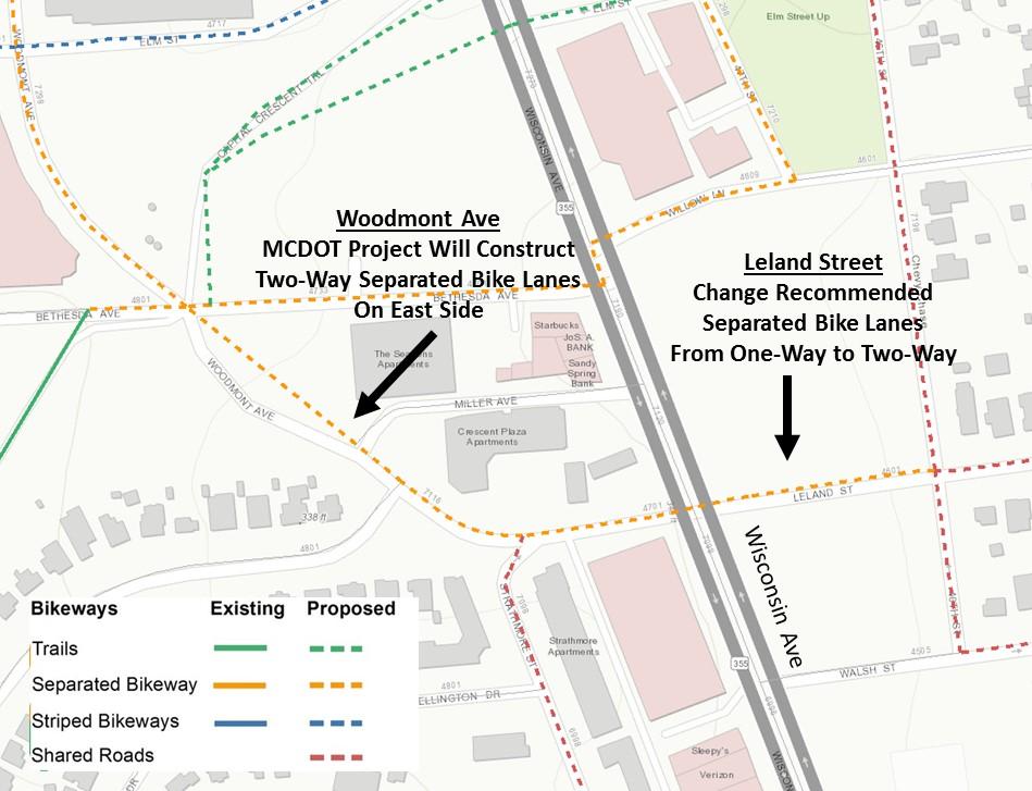Issue 22: Consistency with County Projects Leland Street Separated Bike Lanes MCDOT is moving forward with two-way separated bike lanes on the east side of Woodmont Avenue south of Montgomery Lane.