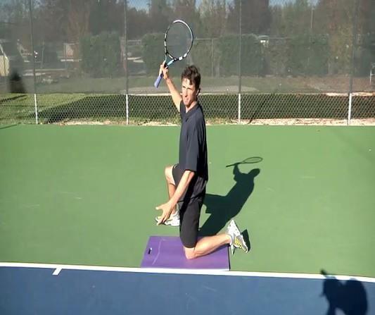 the back) Mimic a toss without a ball and create a topspin shadow serve swing motion