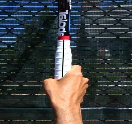 Helps to generate more power Closer to an eastern forehand but still continental The index finger knuckle is slightly further right