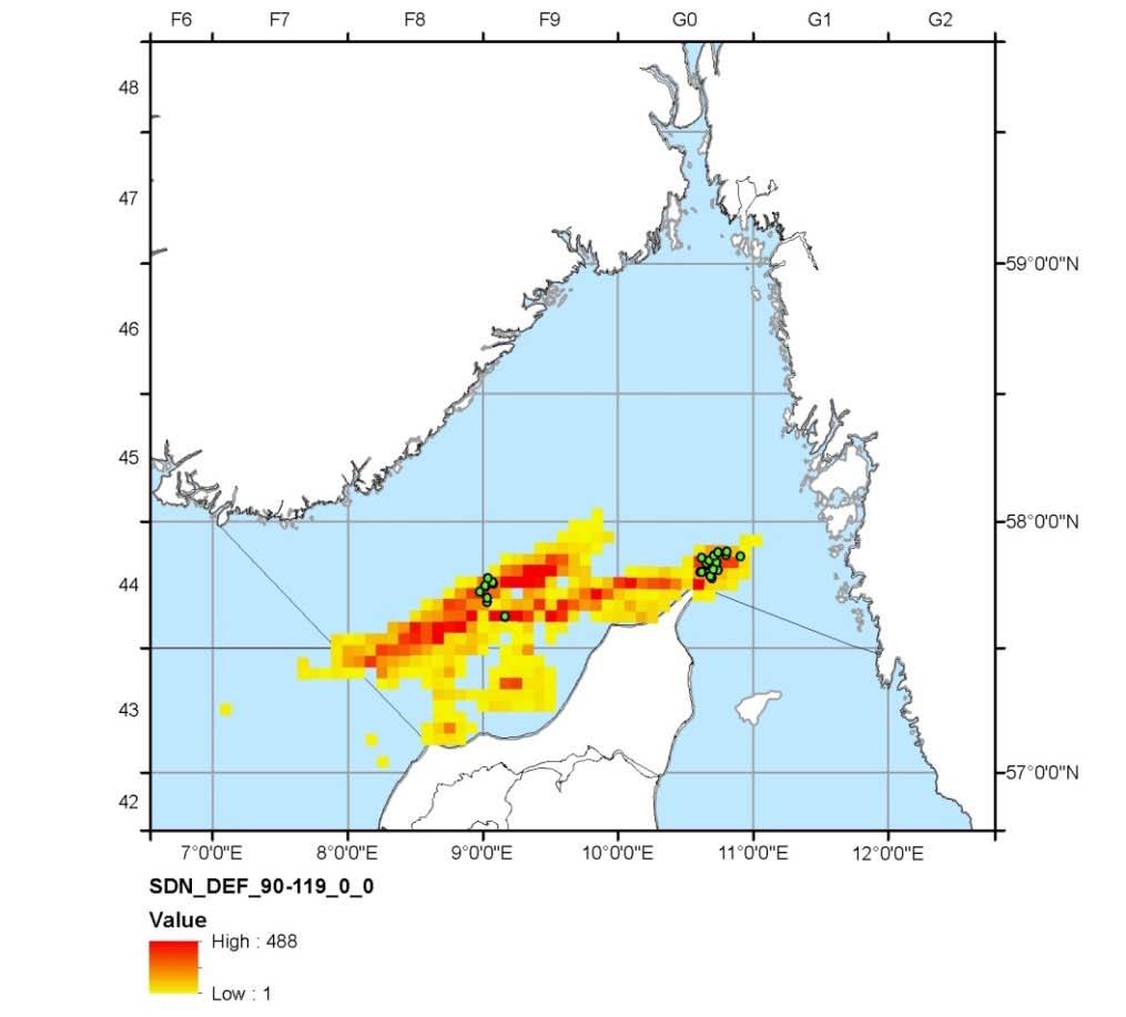 Skagerrak: Anchored seine, targeting demersal fish (SDN_DEF_90-119_0_0) Observed Total (20 or 3aN) Total number of vessels 4 28 Number of vessels with VMS 4 16 Number of trips 7 2077 Mean days at sea