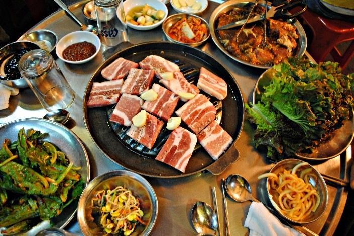 Samgyeopsal is pork belly or you can think of it as a thick bacon.