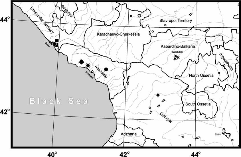 290 Harvestman genus Nemaspela Map 1: Distribution of Nemaspela species: d=n. abchasica; + =N. birsteini; %=N. femorecurvata; =N. kovali; j=n. sokolovi. 1939, Y. A. Birshtein.