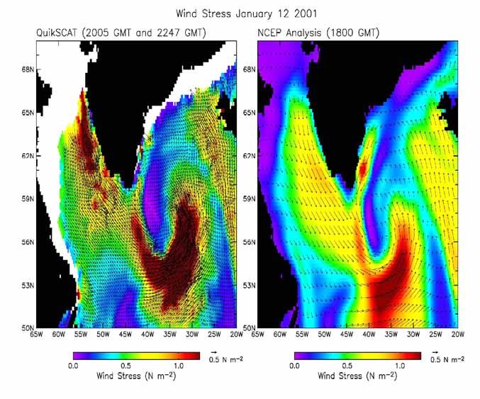 Snapshot of wind stress in the northern Atlantic.