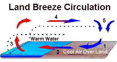 Land = heats up quickly and cools down quickly Sea = heats up slowly and cools down slowly Why?