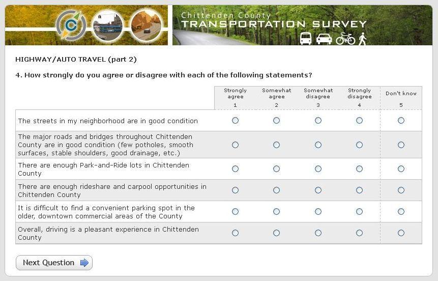 Chittenden County Transportation Survey After successfuilly logging in, respondents saw a header image one that matched the look and feel of the entry page on all subsequent survey screens.