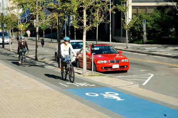Separated Bike Lanes: One-Way at Sidewalk Level This treatment provides an exclusive, unidirectional operating space for bicyclists between the street and sidewalk that is physically separated from