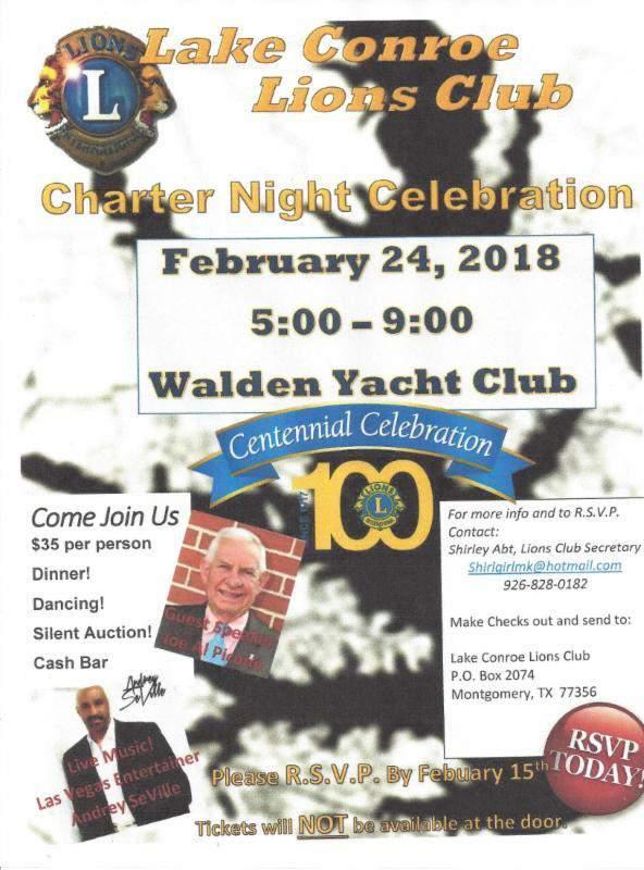 New Club Charter Night Tues. Feb. 27, 7 PM, regular meeting of Houston Cy-Fair Lions Club. Tues. March 13, 2018, 7 PM, regular meeting of Houston Cy-Fair Lions Club Sat.