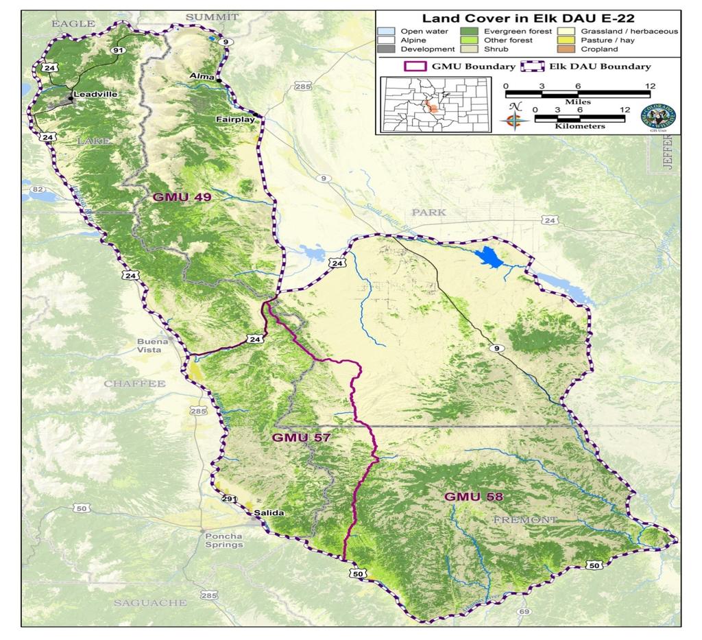 Figure 6. Land cover of elk management area E-22 Climate As with all of mountainous Colorado, the climate varies significantly with season, elevation and aspect.