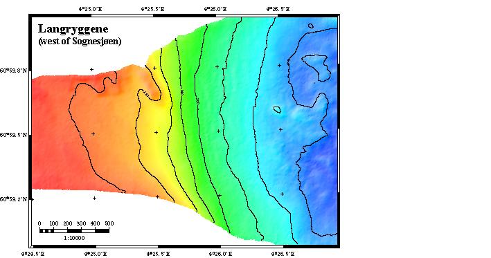 Fig. 2. Detailed bathymetrical map of the eastern part of the Langryggene. The calibration area is color shaded with 20 m equidistance contour lines.
